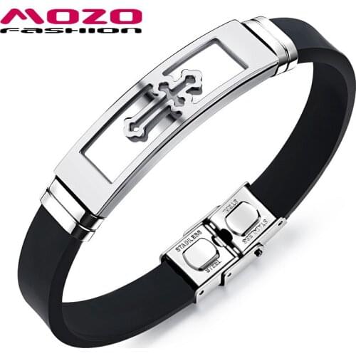 MOZO FASHION New Men Bracelets Stainless Steel Silicone Rubber Wristband Charm Punk Cross Bracelet Casual Male Jewelry Gift 1086
