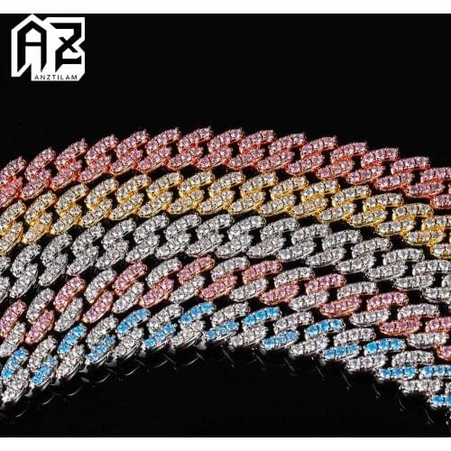 AZ 9mm Bling Blue Pink Gold Color Cuban Chain Hip Hop Necklace Cubic Zirconia Stone Miami Chain Choker For Men Women Jewelry