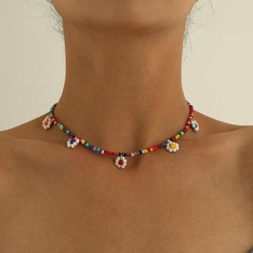 Summer Boho Colorful Daisy Resin Seeds Beads Necklaces Handmade Collar Clavicle Choker Statement Collares for Women Hot Jewelry