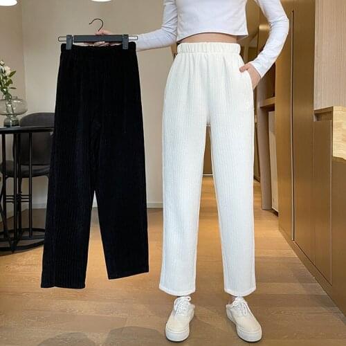 JMPRS Thick High Waist Women Corduroy Pants Winter Warm Vintage Pocket Elastic Sweatpants Solid Black Female Joggers Pants 2021