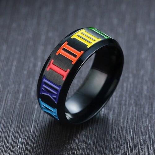Simple 8mm Black Rings for Men with Rainbow Roman Numerals Stainless Steel Wedding Bands LGBT Alliance Accessory