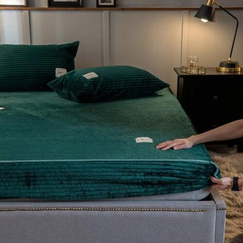 Coral Fleece Fitted Bed Sheet Cover for Mattress Flannel Solid Color Stripe Soft Protector Pad Elastic Band for Bedroom