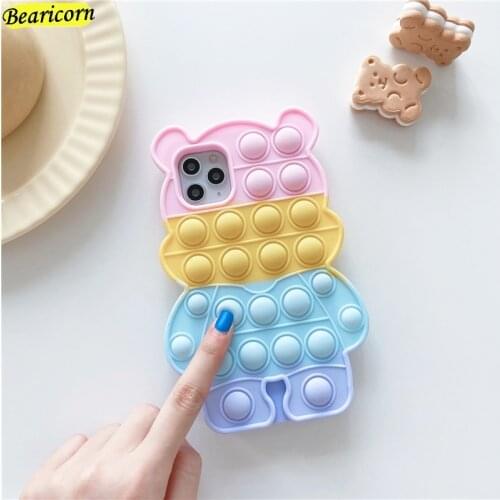 Pop Fidget Toys Push Bubble Silicone Beans Case For iPhone 6 6s 7 8 Plus X XR XS 11 12 Pro Max SE 3D Cartoon Cute Bear Cover