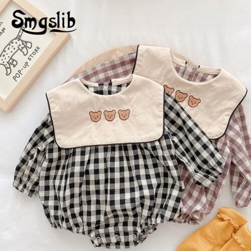 SMGSLIB 2021 New Todder Bodysuits Little Bear Print Long Sleeve Baby Girls Bodysuit Kid Plaid Jumpsuit Clothes baby girl outfit