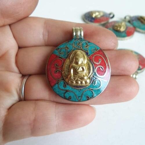 TBP392 Tibetan Buddha Golden Amulets Nepal vintage jewelry Copper Inlaid colorful Stone Pendants