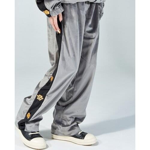 Harajuku Streetwear Side Stripe Embroidered Velvet Track Pants Mens Hip Hop Velour Sweatpants Autumn and Winter Elastic Waist