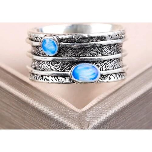 Vintage Couple Rings Blue Opal Stone Creative Carved Wide Rings for Women Men Minimalist Gothic Punk Party Jewelry Gift