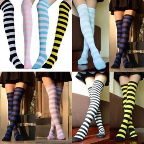 Japan Anime Cosplay Miku Thigh High Over the Knee Striped Stocking Socks Blue White Stripe Womens Cotton Boot Long Leg Warmers