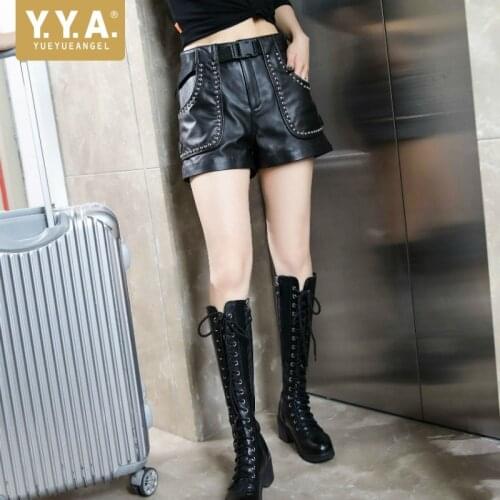Women Rivets Elastic Waist Shorts Genuine Leather Sheepskin Wide Leg Shorts Autumn Winter Punk Biker Black Shorts Female M-3XL