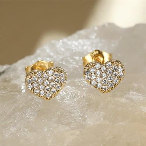 Female Luxury Crystal Small Stone Earrings White Zircon Love Heart Stud Earrings Minimalist Gold Silver Color Earrings For Women