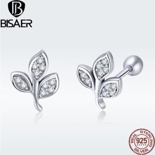 BISAER 925 Sterling Silver Tree Leaves Leaf Stud Earrings Fashion Plant Leaves Earrings for Women Jewelry Brincos Bijoux ECE431
