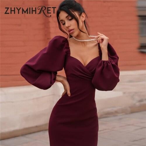 ZHYMIHRET Elegant Slash Neck Midi Dress Women 2019 Autumn Lantern Sleeve Party Wrap Pencil Dress Sheath Sexy Backless Vestidos