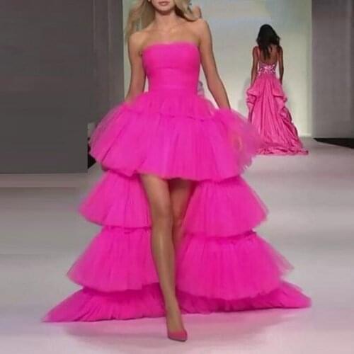 Rose Red Fuchsia Evening Gown Hi Low Vestido Longo abendkleider Tiered Formal Dresses Off Shoulder Backless Train Robe de soiree