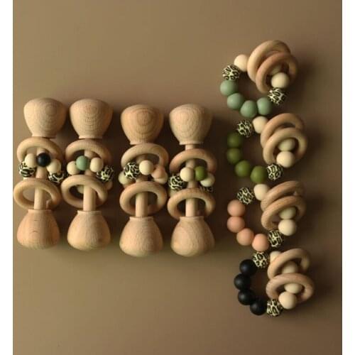 2 Pcs/Set Baby Bracelet Teething Soother Silicone Beads Wooden Rattle Teether Educational Montessori Molar Toys