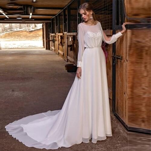 2021 Elegant Long Sleeve Chiffon Wedding Dresses Beaded Chiffon Vintage Bohemian Scoop Bride Dress парные браслеты