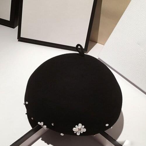 2021 Winter Hat Painter Hat Wool Beret Bonnet Female French Winter Warm Pearl Berets Caps For Women Beading Ski Painter
