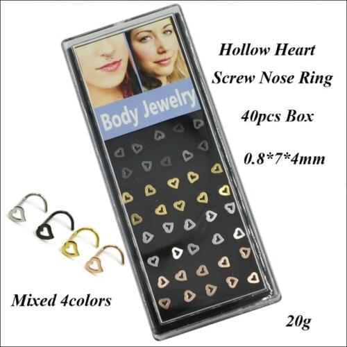 Lot of 40pcs 316l Surgical Steel Hollow Heart Screw Nose Bone Piercing With L Shape Mixed Clear Colors Nose Stud Rings Jewelry
