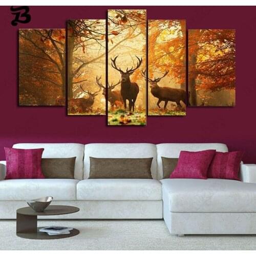 Animal 5 Panel Canvas Painting Modern Wall Art Deers Forest Live Home Decoration Wall Pictures Landscape for Living Room Decor
