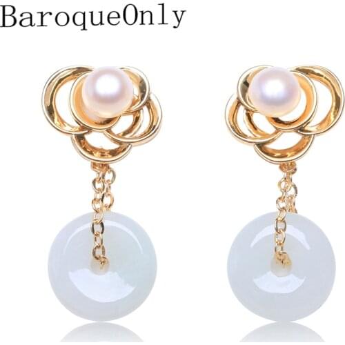 BaroqueOnly auspicious clouds jade design 925 Sterling Silver natural Pearl Earring stud For Women Pearl Jewelry best gift YEAX