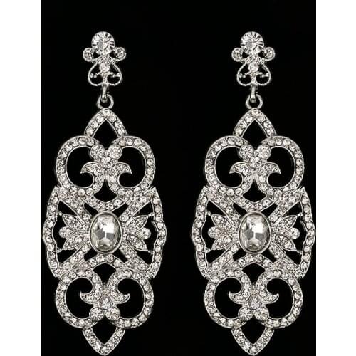 Big long Blue crystal drop earrings for women vintage flower silver plated bride Earrings wedding Jewelry accessories#E265