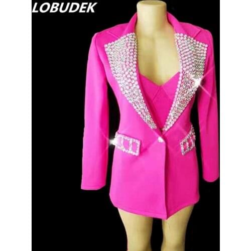 Bra+Shorts+Coat) 3-Pieces Set Women Singer Bar Concert Stage Suit Rose Purple Crystals Dance Outfit Dancer Sexy Bling Costume