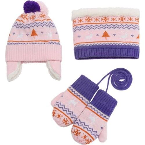 Korean-Style Childrens 3pcs Set Scarf Gloves BoyS Girls Knitted Winter Hat Warm Plus Velvet
