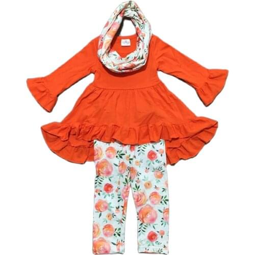 GirlyMax Winter Girl Solid Orange Dress Floral Pants with Scarf Kids 3 Pieces Set