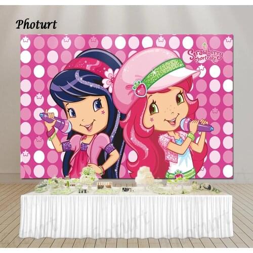 PHOTURT Strawberry Shortcake Backdrop Girls Birthday Party Photography Banner Pink Dots Photo Background Decorate Props