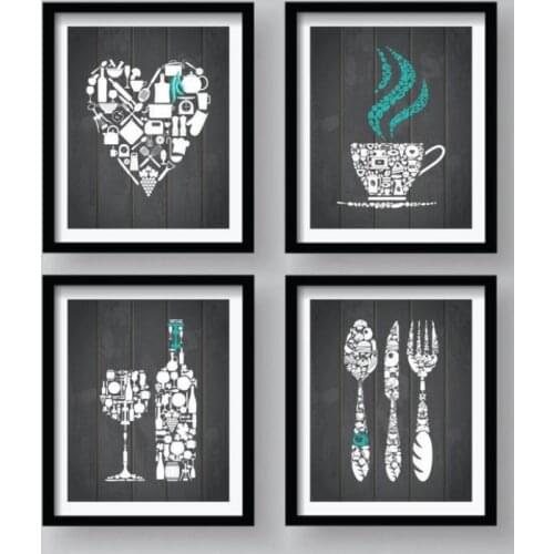 HLO 2021 4 Pieces Kichen Themed Frames Colorful Heart Coffee Vine Bottle Black- White Home Decoration Wooden Decor Safe Shopping