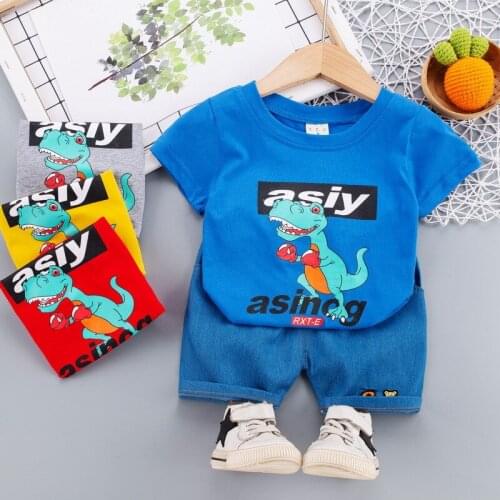 2021 Toddler Boys Clothes Sets Summer Kids Baby Boxing Dinosaur T Shirt +Denim Shorts Infant Girls Fashion Clothing Set 0-5Years