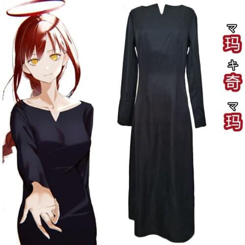 Anime Chainsaw Man Makima Cosplay Costume Wig Black Dress Long Sleeve Halloween Party Role Play Uniform Girls Women