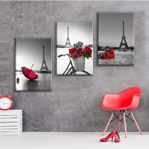 Red umbrella Rose Black White Paris Eiffel Tower Landscape Poster Prints Canvas Painting Art Wall Picture Living Room Home Decor