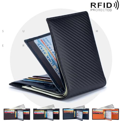 2021 Men Standard Genuine Top Layer Cowhide Leather Carbon Fibre Pattern Rfid Anti-Theft Scan Practical Card Slots Short Wallet