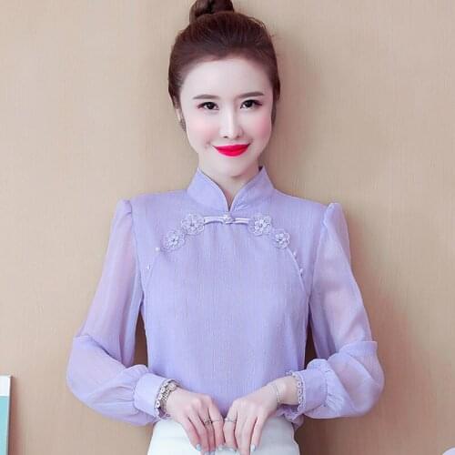 2021 spring and autumn fashion new western style lace chiffon shirt female temperament retro bead printing blouse casual