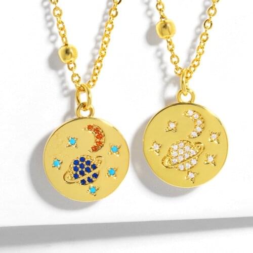 FLOLA Multicolor Star And Moon Necklace For Women Stone Global Pendant Necklace Zirconia Gold Filled Jewelry Women Gifts nkes59