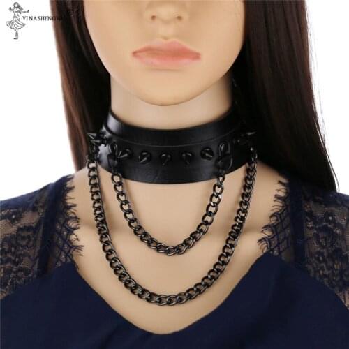 Punk Rivet Gothic Leather Black Chain Necklace Women Men Collar Anime Necklace Rock Statement Emo Rave Jewelry Holiday Gift