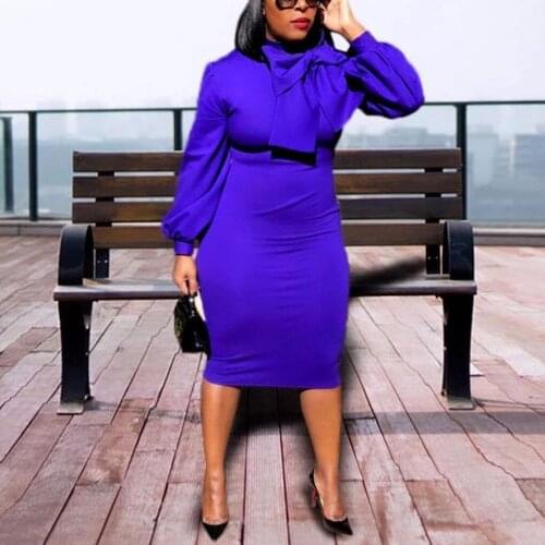African Dress for Women 2021 Bodycon Full Sleeve High Waisted Bow Mid Calf Elegant Work Business Office Vestidos Dress Midi Hot