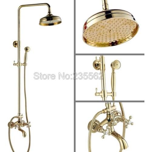 Luxury 8 inch Rain Shower Faucet Set Bathroom Dual Cross Handle Tub Mixer Tap Wall Mounted Gold Color Brass Finish lgf441