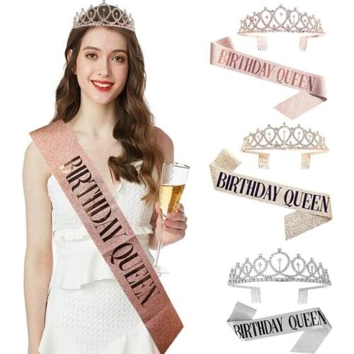 Rose Gold Birthday Queen/Girl Glitter Satin Sash with Diamond Crown for Kids Birthday Decorations Adult Birthday Party Supplies