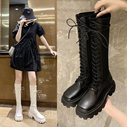 Short&Long british lace up riding boots women platform shoes square toe high heels motorcycle boots chic knitting band botas2020
