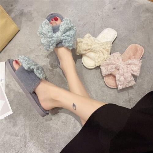 Faux Fur Slides For Women Soft Home Slippers Winter With Bow Plush Fluffy Slippers House Ladies Slipper Woman Girls Indoor Shoes