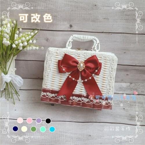 Mori Girl Pastorale Bow Bead Chain Woven Rattan Case Box Retro Soft girl Cosplay Lolita Princess Party Picnic Basket Handbag