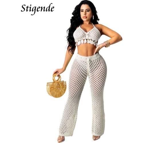 Stigende Crochet Cover Up Pants for Women Knitted Two Piece Swimwear Summer Drawstring Wide Leg Beach Trousers Fringe Tassel Bra
