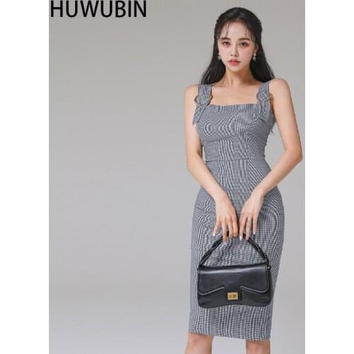 Strap Womens Dress Korean Version Summer Square Collar Temperament Show Thin Waist Light Luxury Lattice Slim Fit Bag Hip Dress