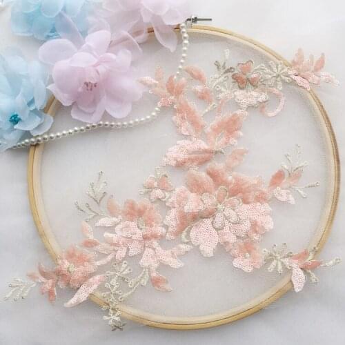 19colors Red Blue Lace Sequins Applique Wedding Lace Trim 3D Flower Lace Patches Sew On Embroidered Appliques For Wedding Dress