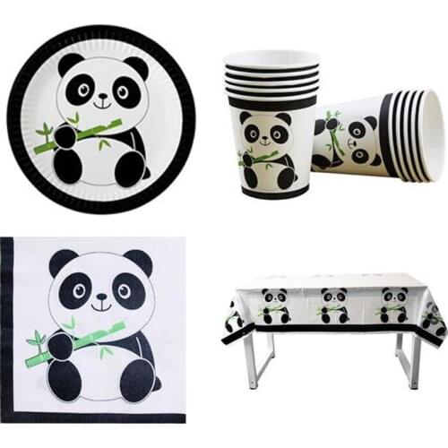 61pcs/lot Kids Boys Favors Panda Theme Tableware Set Plates Cups Birthday Glass Dishes Baby Shower Party Tablecloth Napkins