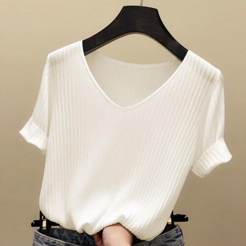 Short Sleeve Tees White Thin Knitting Elastics Fashion Woman Summer Clothes Tops Korean Solid Loose Casual Plus Size T-Shirt