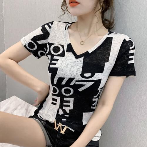 V-Neck Short Sleeve Tees Korean Fashion Skinny Woman Summer Clothes Trend Aesthetic Art Print Black Tops Casual Plus Size 4XL