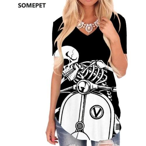 SOMEPET Skull T-shirt women Skeleton Tshirts Printed Motorcycle Shirt Print Rock V-neck Tshirt Hip Hop T-shirts 3d