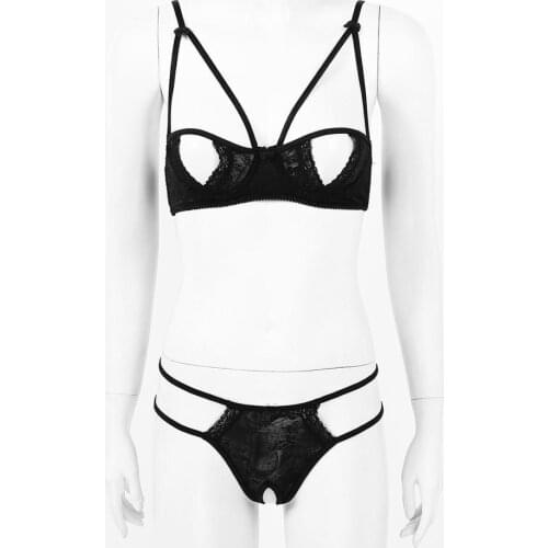 Womens Erotic Sheer Lace Lingerie Set Straps Bare Nipples Hole Sissy Hot Underwire Bra Top with Crotchless G-string Thong Briefs